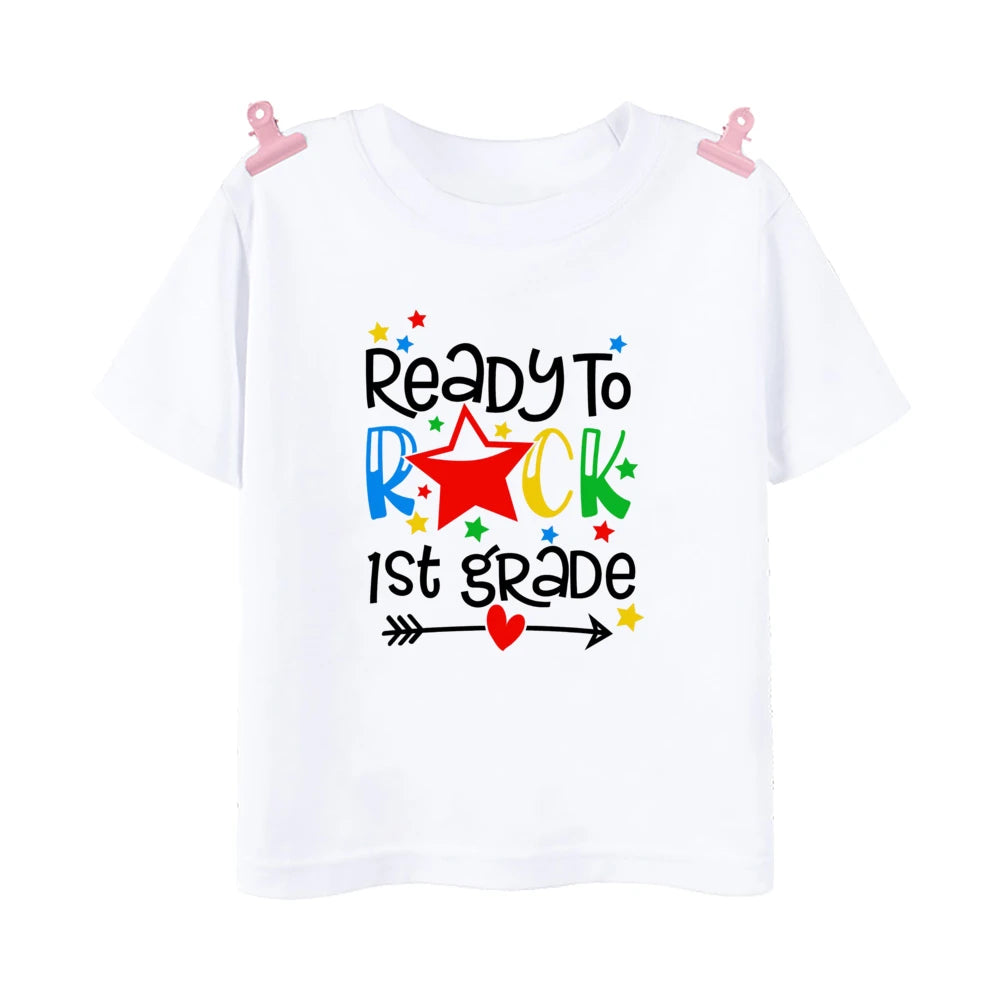 Ready To Rock 5th Grade Printed Boys Shirt 1-5 Grade Child Back To School Outfit T-shirt Fashion Kids Short Sleeve Tee Clothes