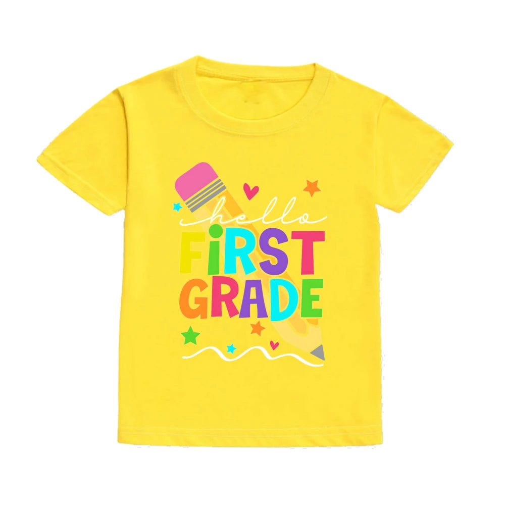 Hello First Grade Summer Children's Top Pencil Pattern Printed Short Sleeve Shirt Kids Back To School Shirts Clothes
