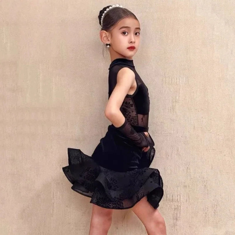 Kids Children Latin Dance Outfit Elegant High Grade Girls Autumn Winter Training Practice Dance Clothes Suit