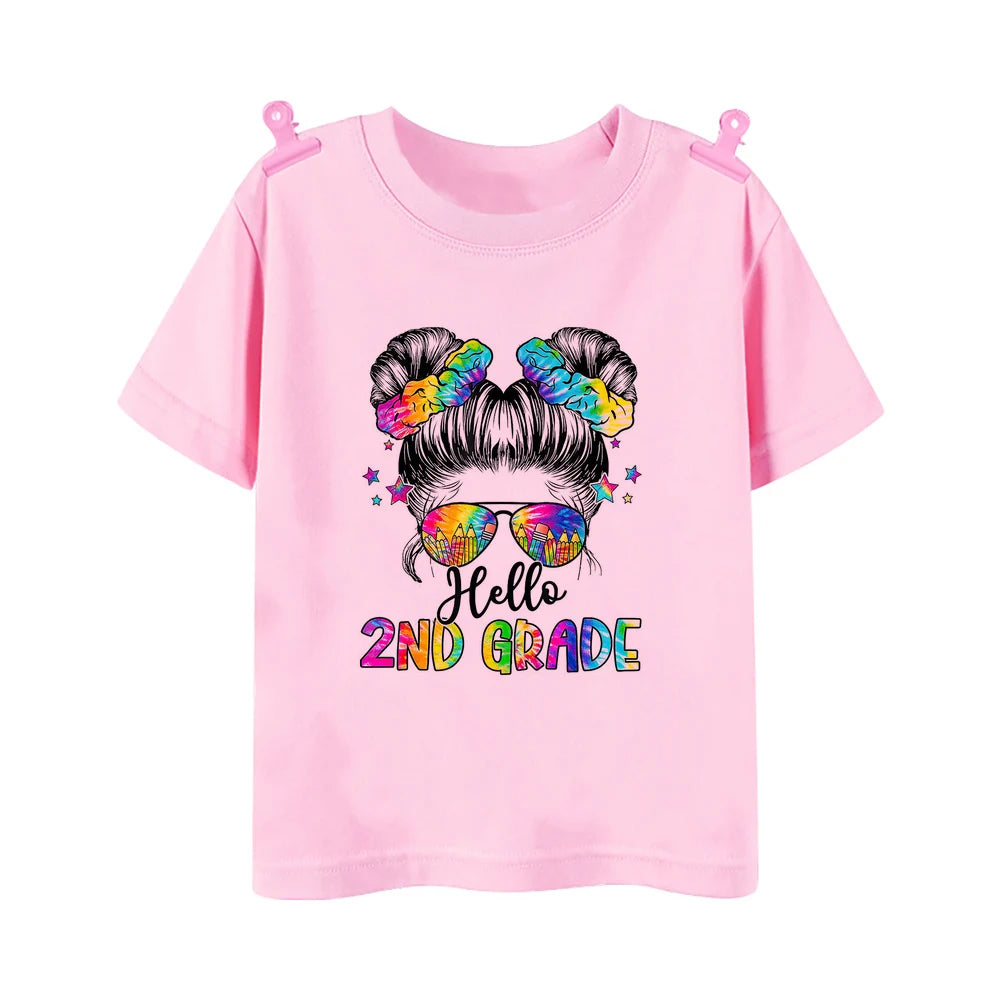 Hello 2nd Grade Printed Girls T-shirt Tops 1-5 Grade Kindergarten Child Back To School Outfit  T Shirt Girl Summer Tees Clothes
