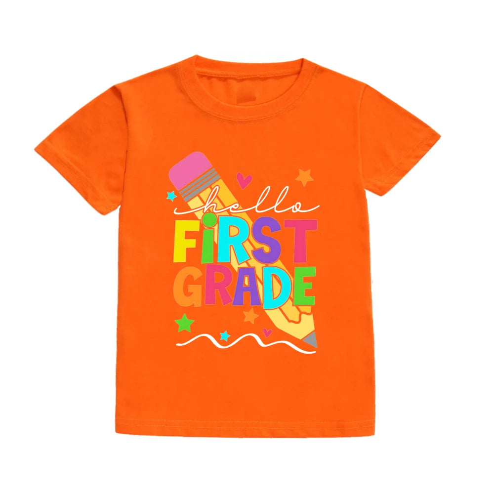 Hello First Grade Summer Children's Top Pencil Pattern Printed Short Sleeve Shirt Kids Back To School Shirts Clothes