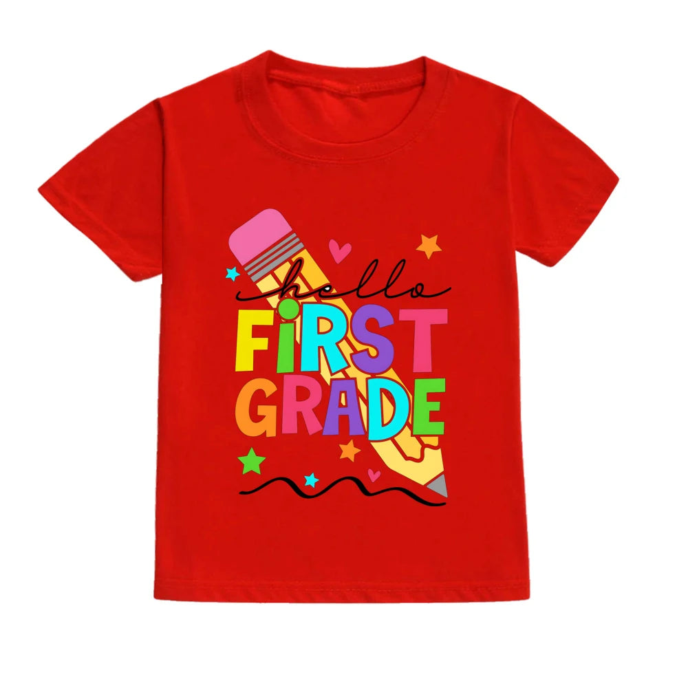 Hello First Grade Summer Children's Top Pencil Pattern Printed Short Sleeve Shirt Kids Back To School Shirts Clothes