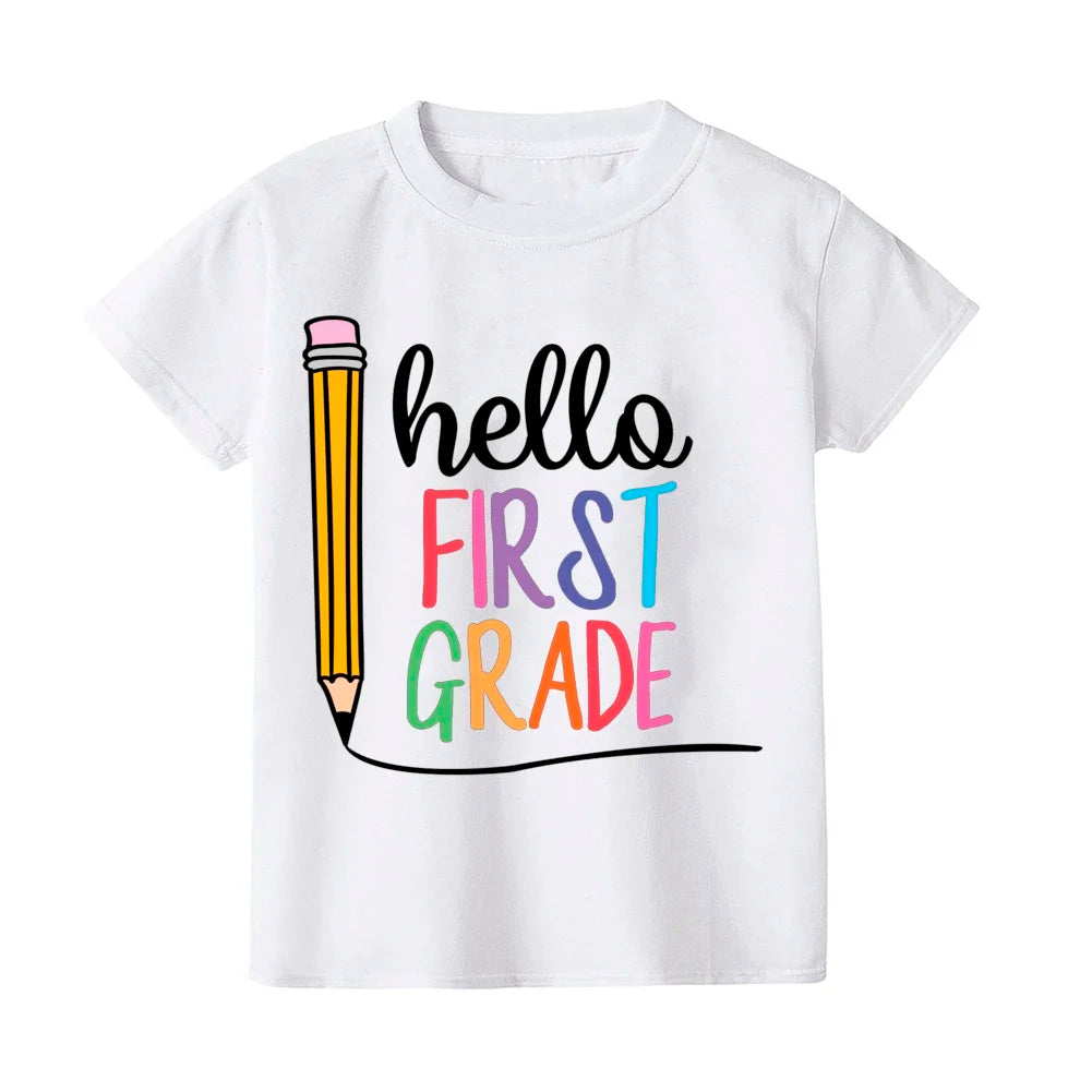 2024 Hello First Grade Kids T-Shirt Children Back To School Shirt Boy Girl Clothes First Day of School Shirts Kid 1st Grade Gift