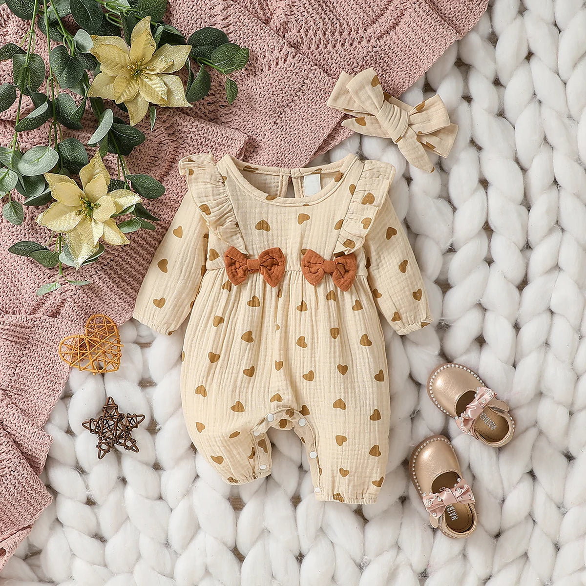 Baby Girl's All Seasons Long Sleeve Print Floral With Bow Daily Jumpsuit For Newborn-6M Clothes +Headband
