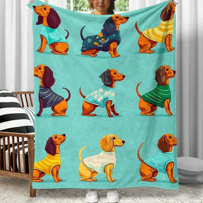 Cute dachshund dog wearing clothes pattern cartoon animal design soft flannel throw blanket for pet lovers or children room