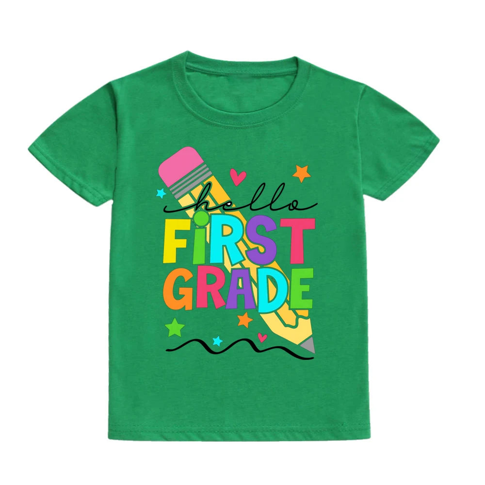 Hello First Grade Summer Children's Top Pencil Pattern Printed Short Sleeve Shirt Kids Back To School Shirts Clothes