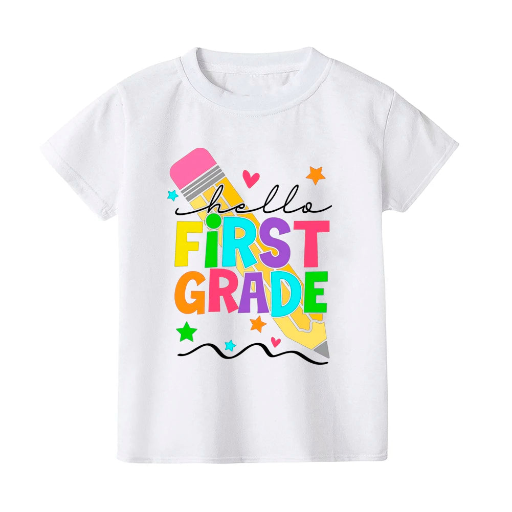 Hello First Grade Summer Children's Top Pencil Pattern Printed Short Sleeve Shirt Kids Back To School Shirts Clothes