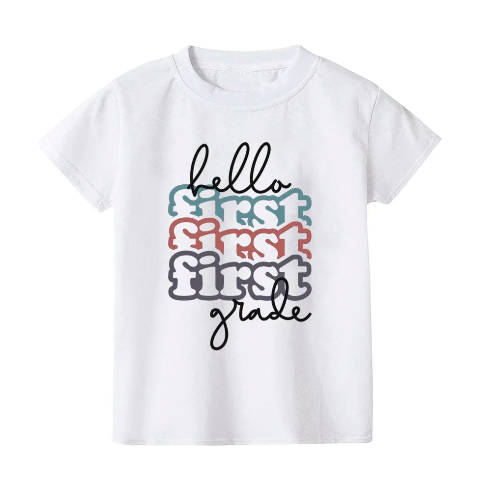 2024 Hello First Grade Kids T-Shirt Children Back To School Shirt Boy Girl Clothes First Day of School Shirts Kid 1st Grade Gift