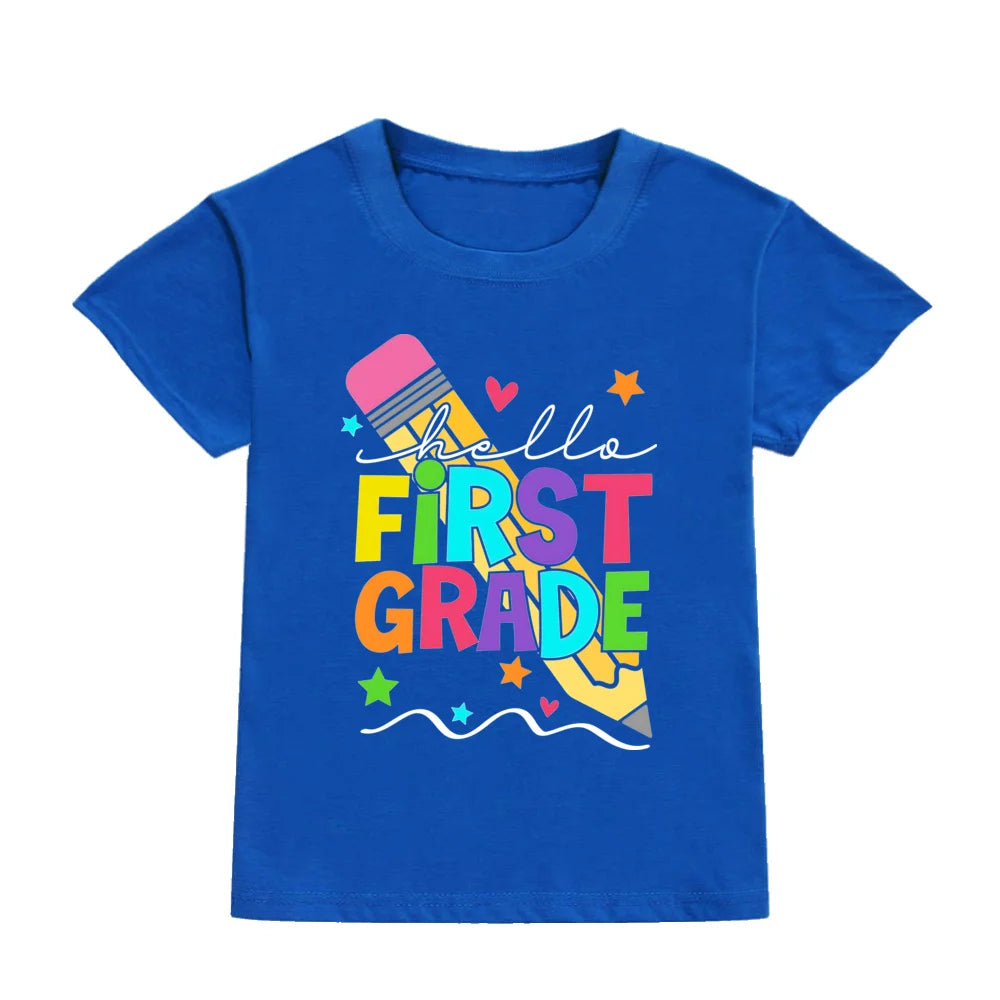 Hello First Grade Summer Children's Top Pencil Pattern Printed Short Sleeve Shirt Kids Back To School Shirts Clothes