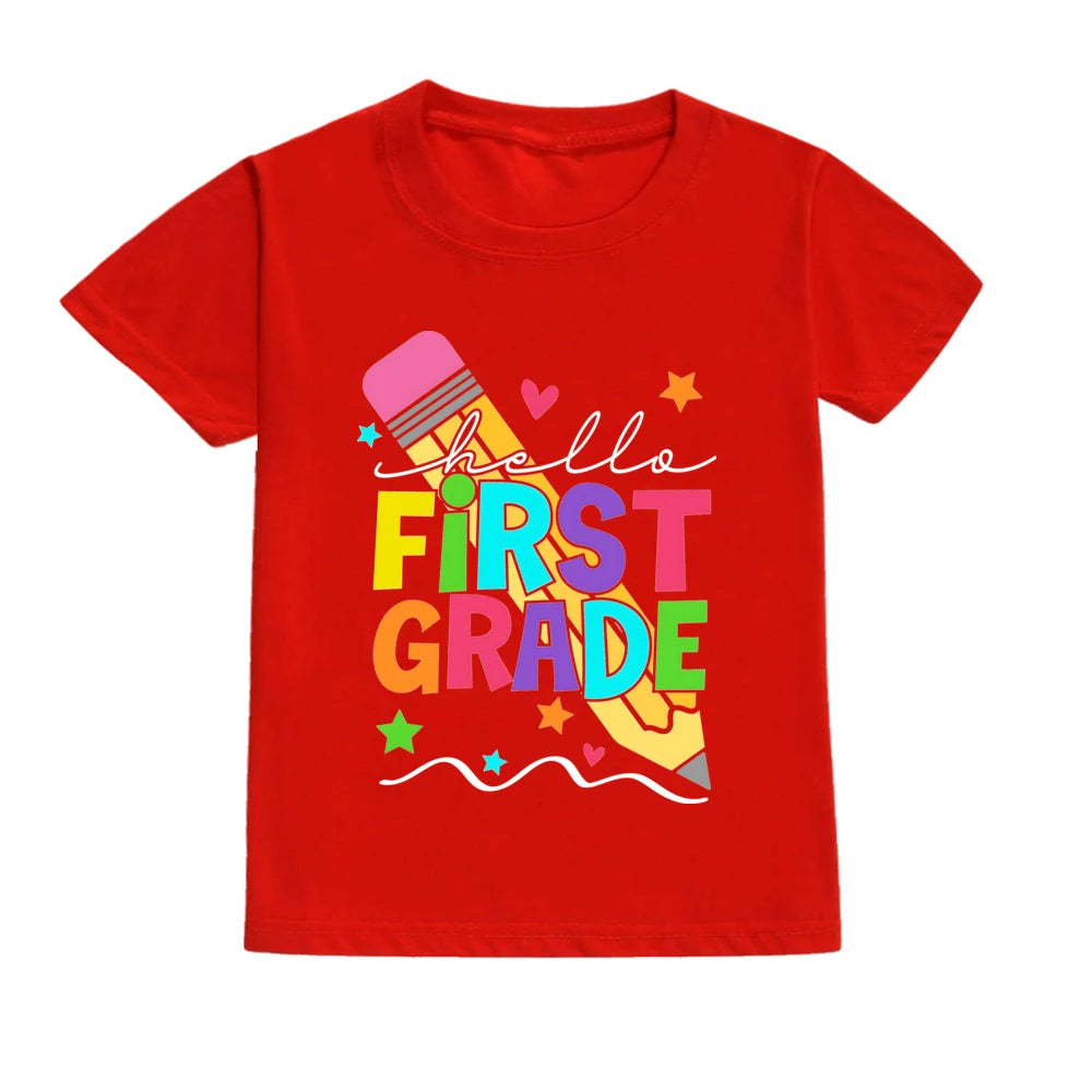 Hello First Grade Summer Children's Top Pencil Pattern Printed Short Sleeve Shirt Kids Back To School Shirts Clothes