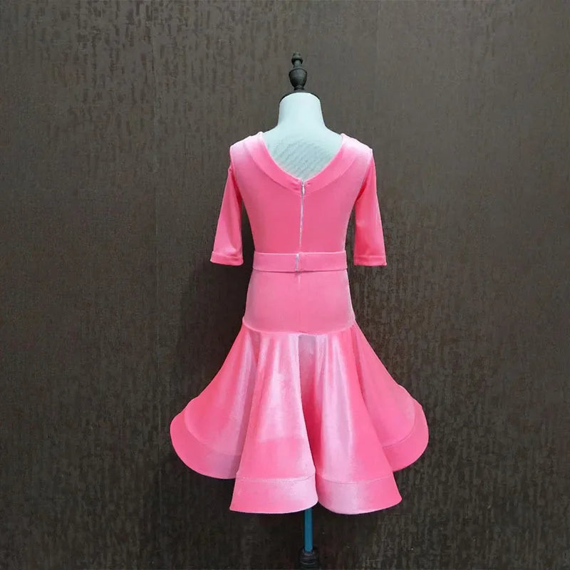 New Children Split Latin Dance Dress 2021 New Autumn Winter Girls Pink Color Grading Competition Performance Clothes Dance Wear