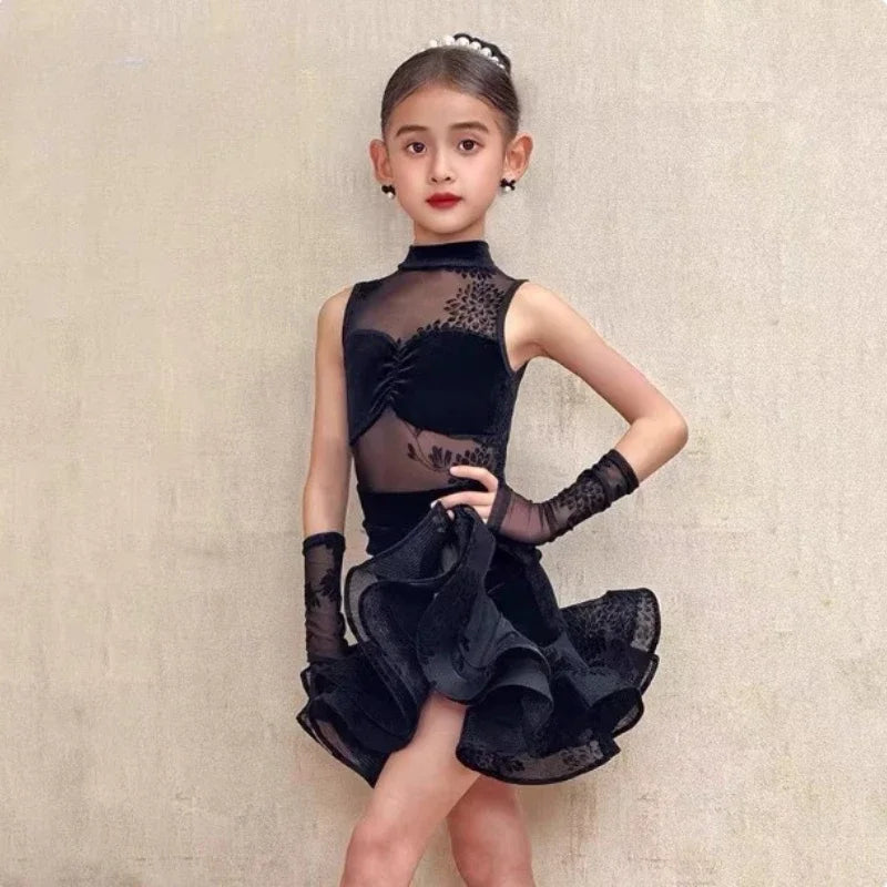 Kids Children Latin Dance Outfit Elegant High Grade Girls Autumn Winter Training Practice Dance Clothes Suit