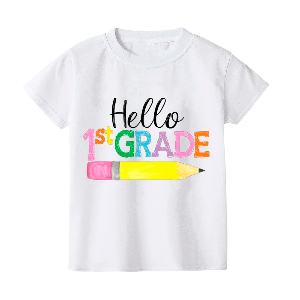 2024 Hello First Grade Kids T-Shirt Children Back To School Shirt Boy Girl Clothes First Day of School Shirts Kid 1st Grade Gift