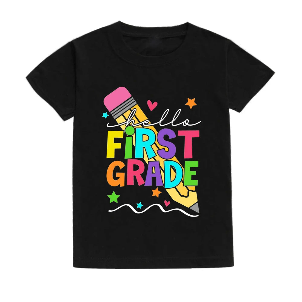 Hello First Grade Summer Children's Top Pencil Pattern Printed Short Sleeve Shirt Kids Back To School Shirts Clothes