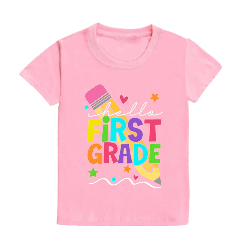 Hello First Grade Summer Children's Top Pencil Pattern Printed Short Sleeve Shirt Kids Back To School Shirts Clothes