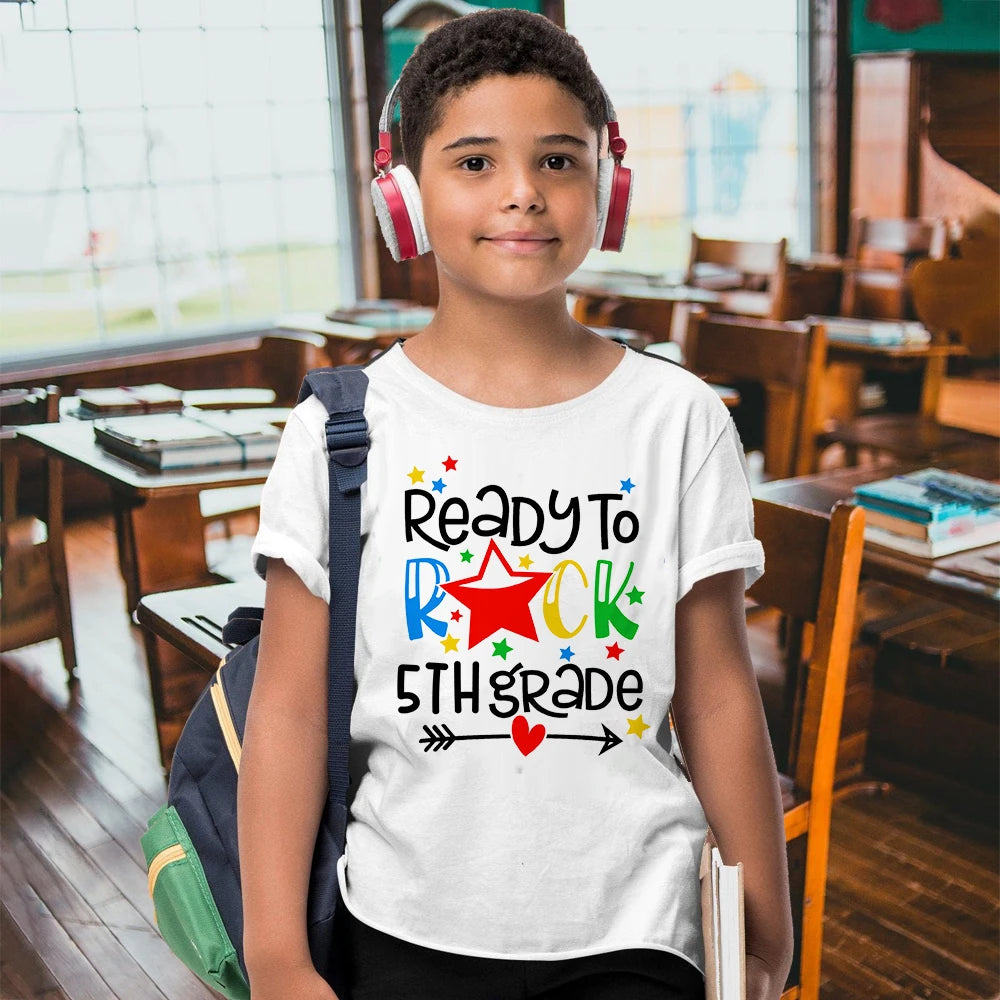 Ready To Rock 5th Grade Printed Boys Shirt 1-5 Grade Child Back To School Outfit T-shirt Fashion Kids Short Sleeve Tee Clothes