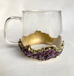 Set of 2 |Crystal Glass Coffee/Tea/Juice Mugs with Gold Plated Purple Amethyst Agate/Quartz Semi-precious Crystals | 17 oz/500 ml