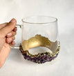 Set of 2 |Crystal Glass Coffee/Tea/Juice Mugs with Gold Plated Purple Amethyst Agate/Quartz Semi-precious Crystals | 17 oz/500 ml