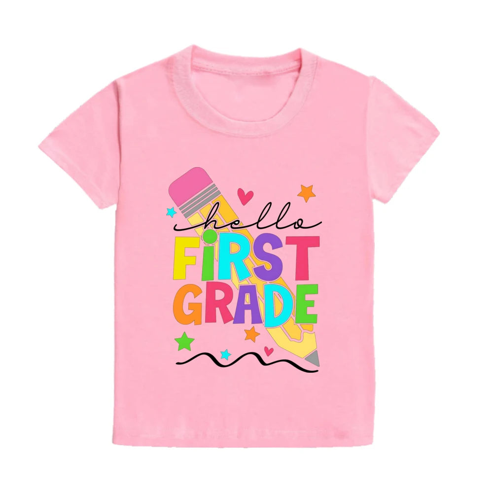 Hello First Grade Summer Children's Top Pencil Pattern Printed Short Sleeve Shirt Kids Back To School Shirts Clothes