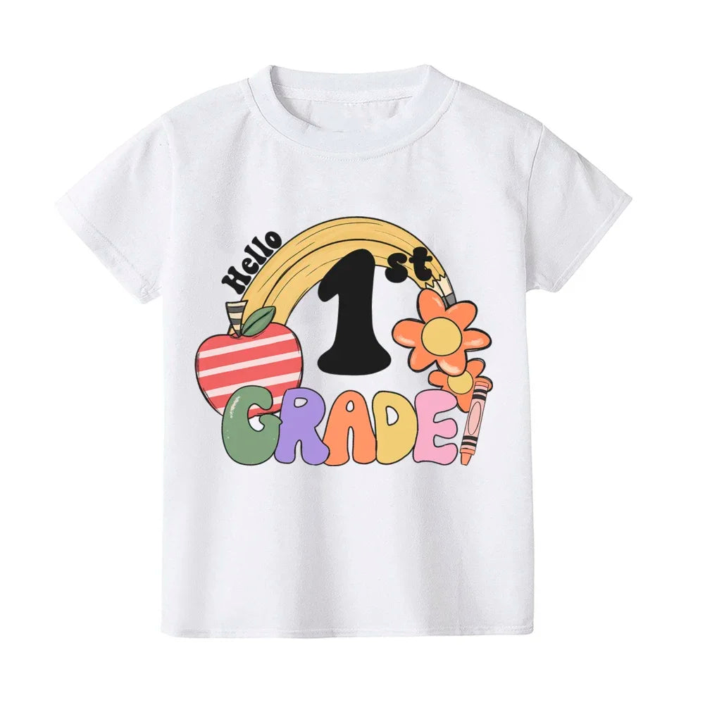 2024 Hello First Grade Kids T-Shirt Children Back To School Shirt Boy Girl Clothes First Day of School Shirts Kid 1st Grade Gift
