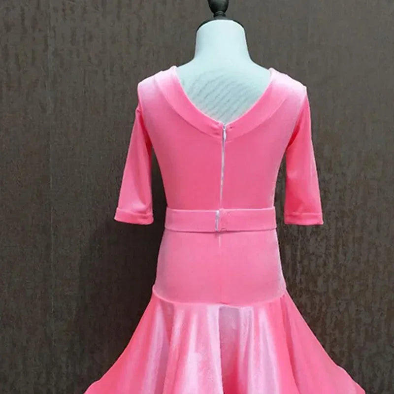 New Children Split Latin Dance Dress 2021 New Autumn Winter Girls Pink Color Grading Competition Performance Clothes Dance Wear