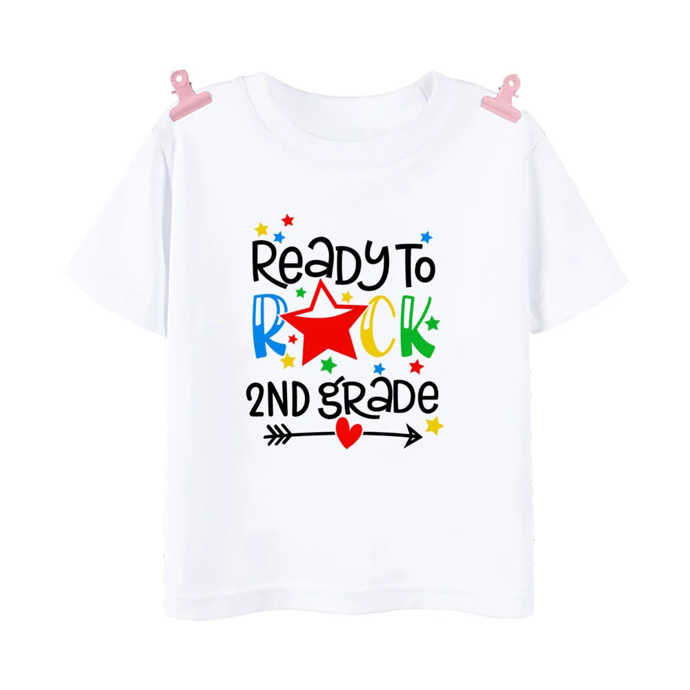 Ready To Rock 5th Grade Printed Boys Shirt 1-5 Grade Child Back To School Outfit T-shirt Fashion Kids Short Sleeve Tee Clothes