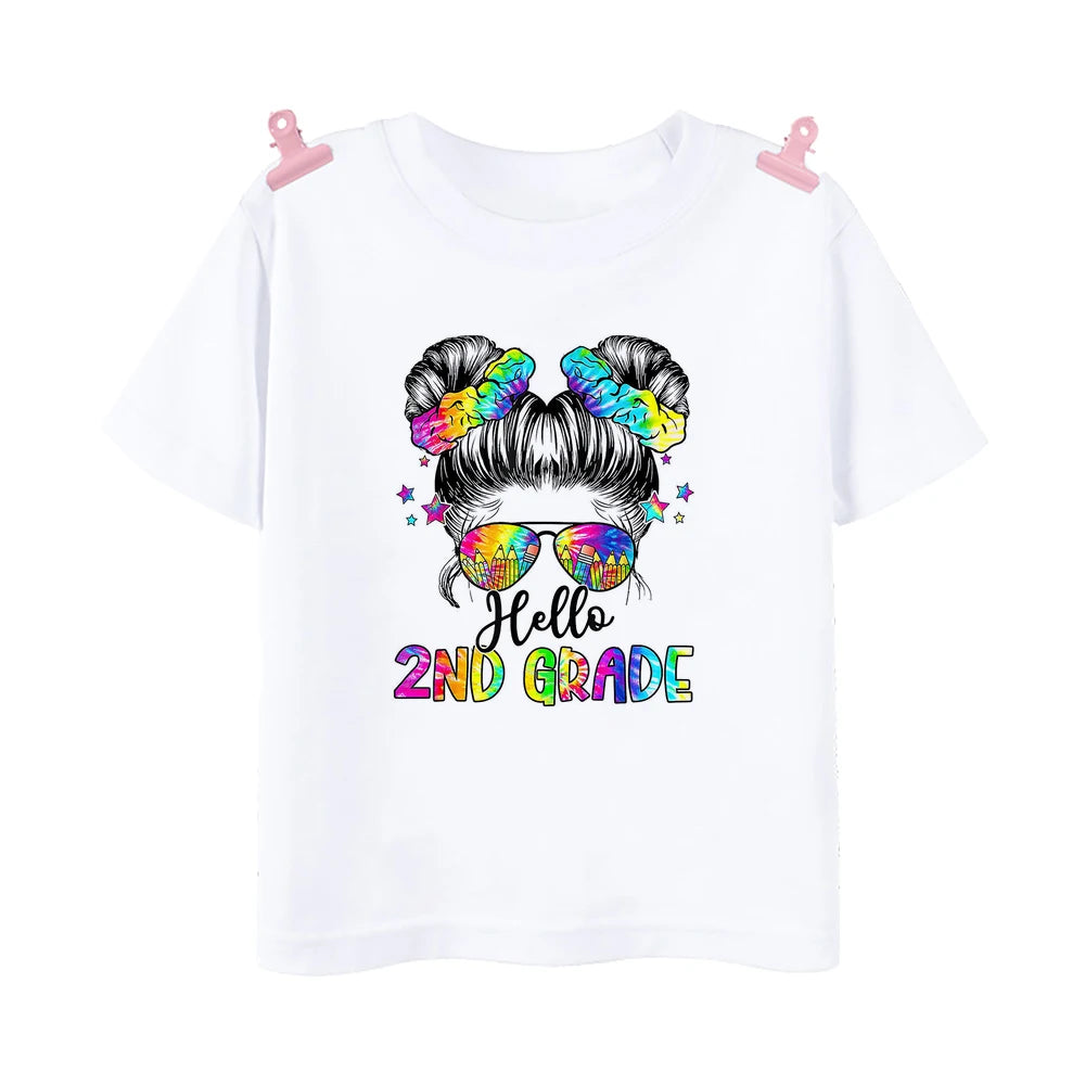 Hello 2nd Grade Printed Girls T-shirt Tops 1-5 Grade Kindergarten Child Back To School Outfit  T Shirt Girl Summer Tees Clothes