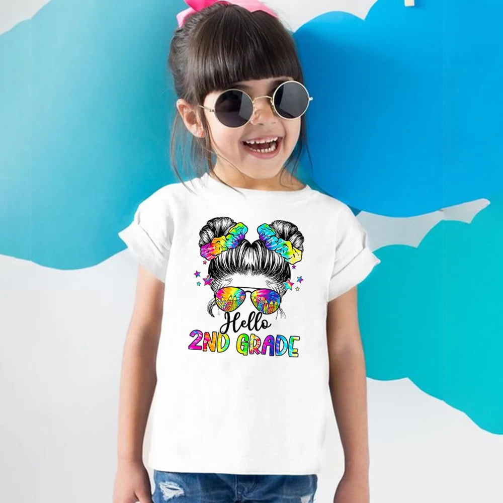 Hello 2nd Grade Printed Girls T-shirt Tops 1-5 Grade Kindergarten Child Back To School Outfit  T Shirt Girl Summer Tees Clothes