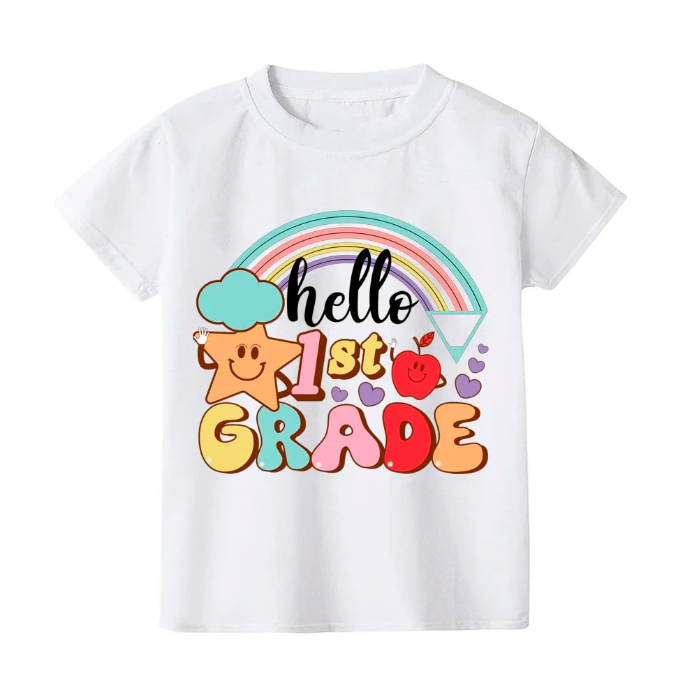 2024 Hello First Grade Kids T-Shirt Children Back To School Shirt Boy Girl Clothes First Day of School Shirts Kid 1st Grade Gift