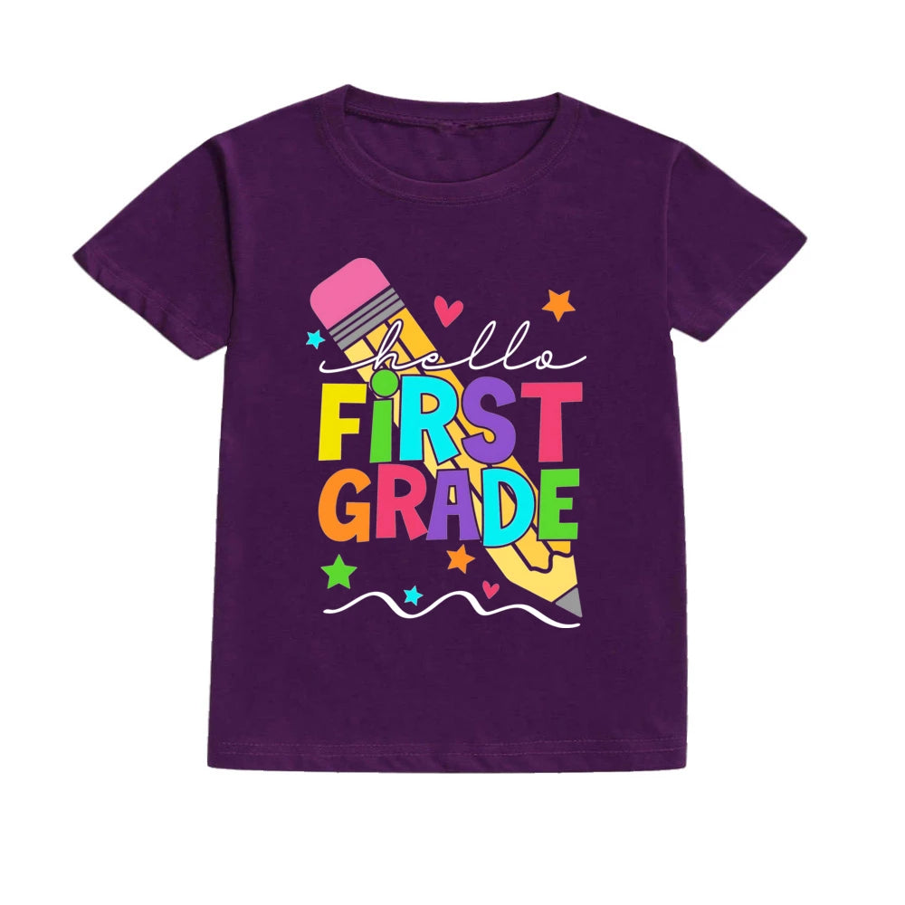Hello First Grade Summer Children's Top Pencil Pattern Printed Short Sleeve Shirt Kids Back To School Shirts Clothes