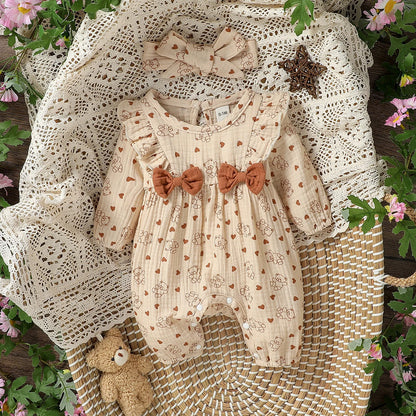 Baby Girl's All Seasons Long Sleeve Print Floral With Bow Daily Jumpsuit For Newborn-6M Clothes +Headband