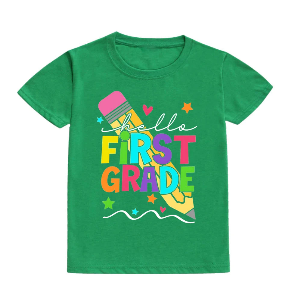 Hello First Grade Summer Children's Top Pencil Pattern Printed Short Sleeve Shirt Kids Back To School Shirts Clothes