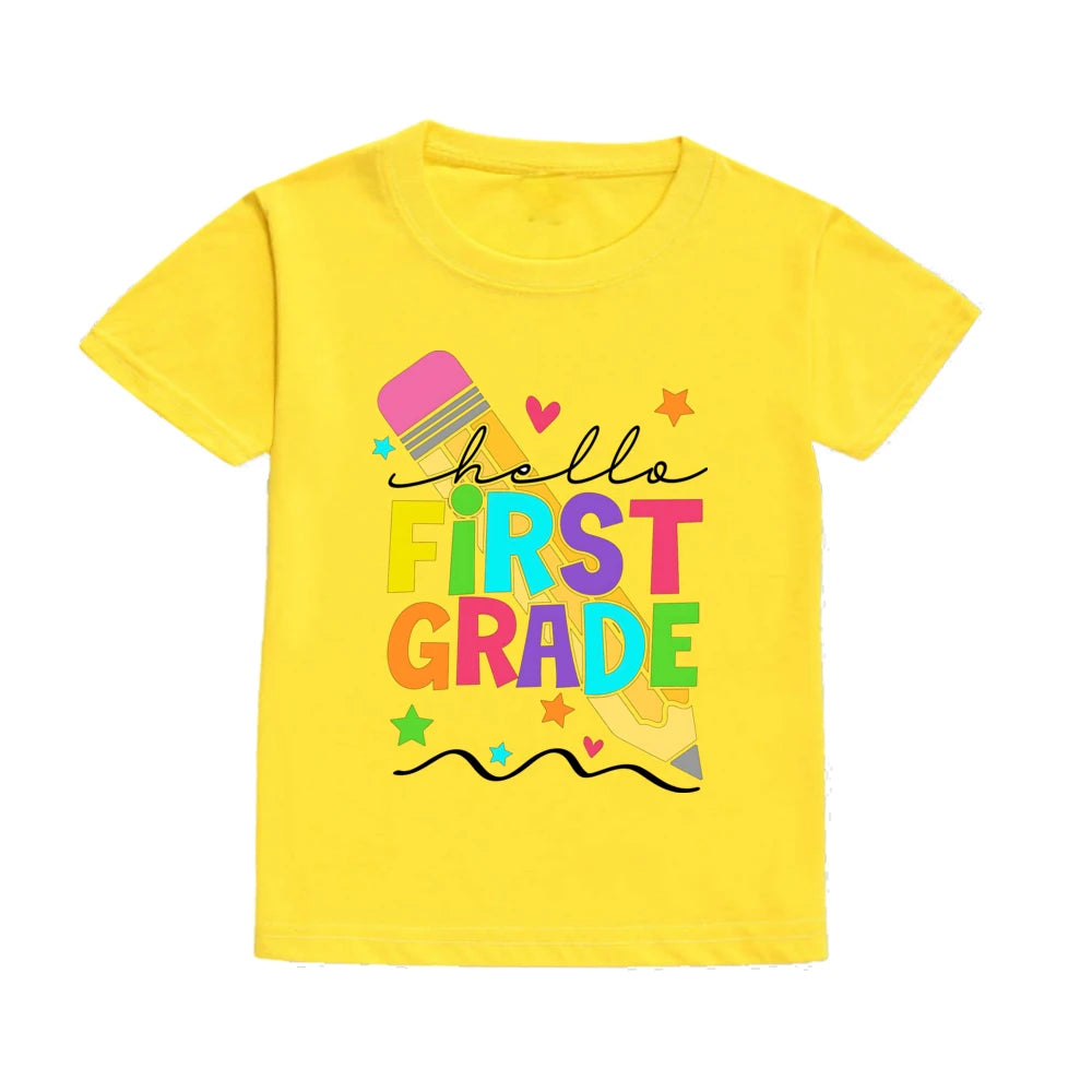 Hello First Grade Summer Children's Top Pencil Pattern Printed Short Sleeve Shirt Kids Back To School Shirts Clothes