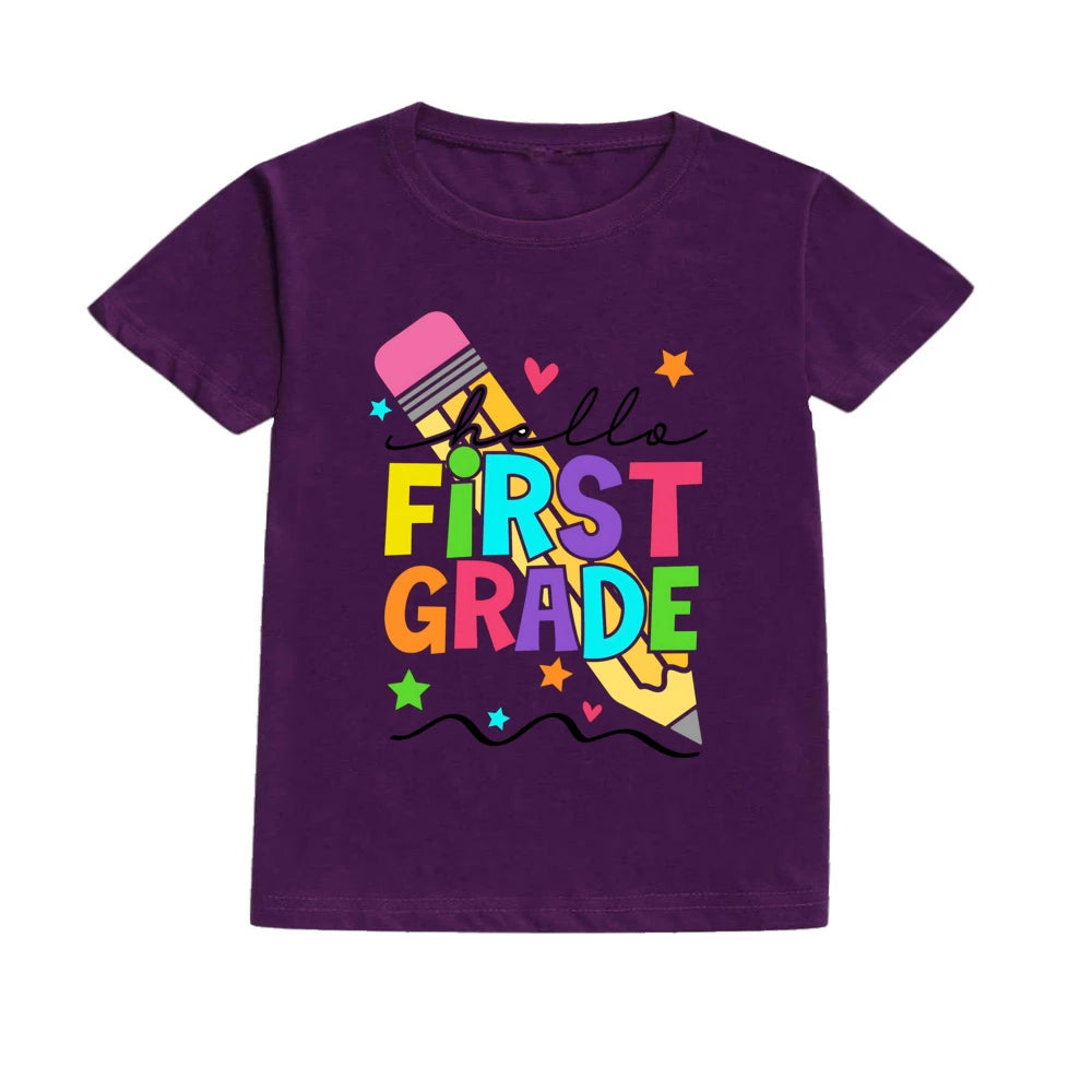 Hello First Grade Summer Children's Top Pencil Pattern Printed Short Sleeve Shirt Kids Back To School Shirts Clothes