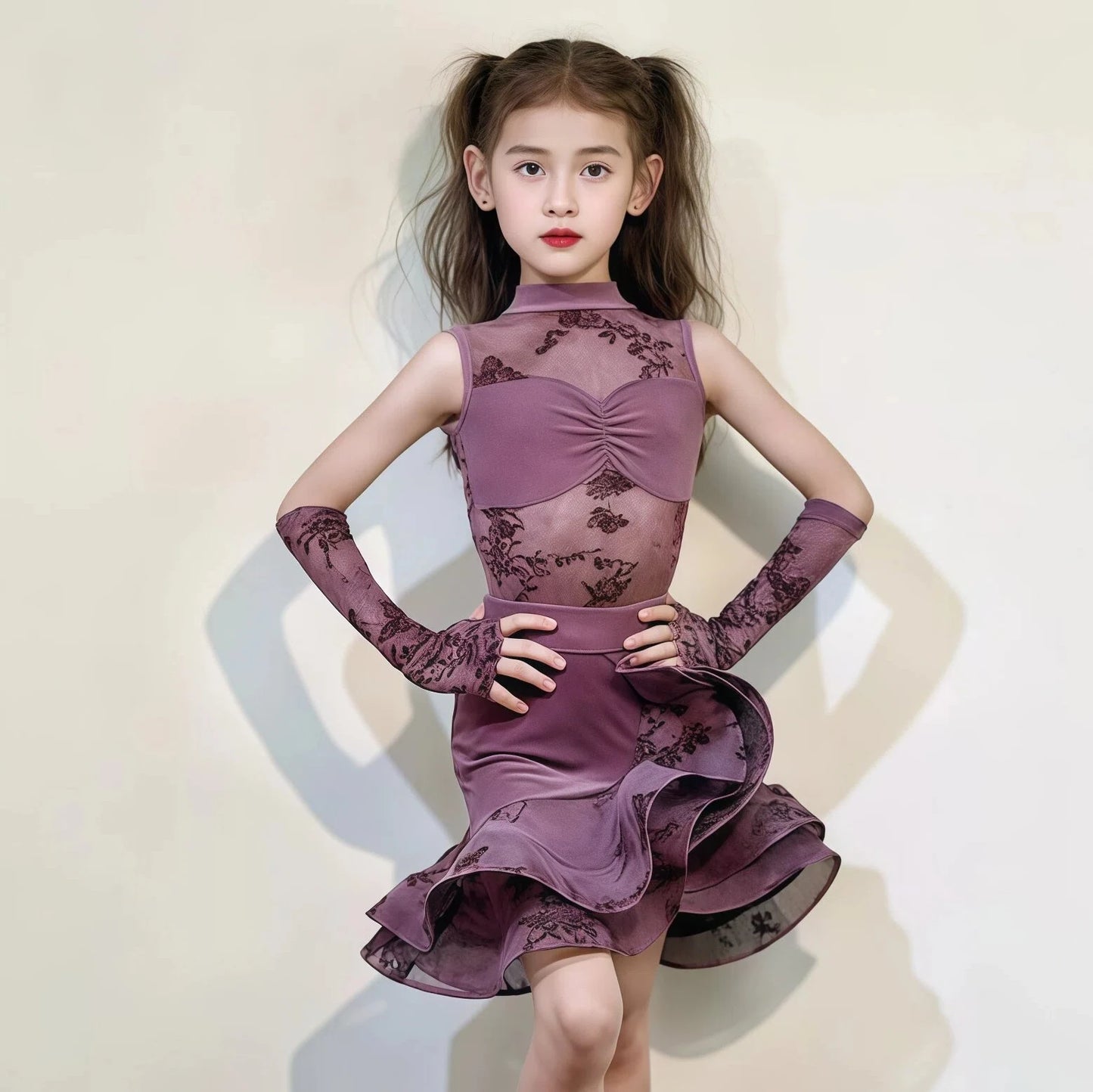 Kids Children Latin Dance Outfit Elegant High Grade Girls Autumn Winter Training Practice Dance Clothes Suit